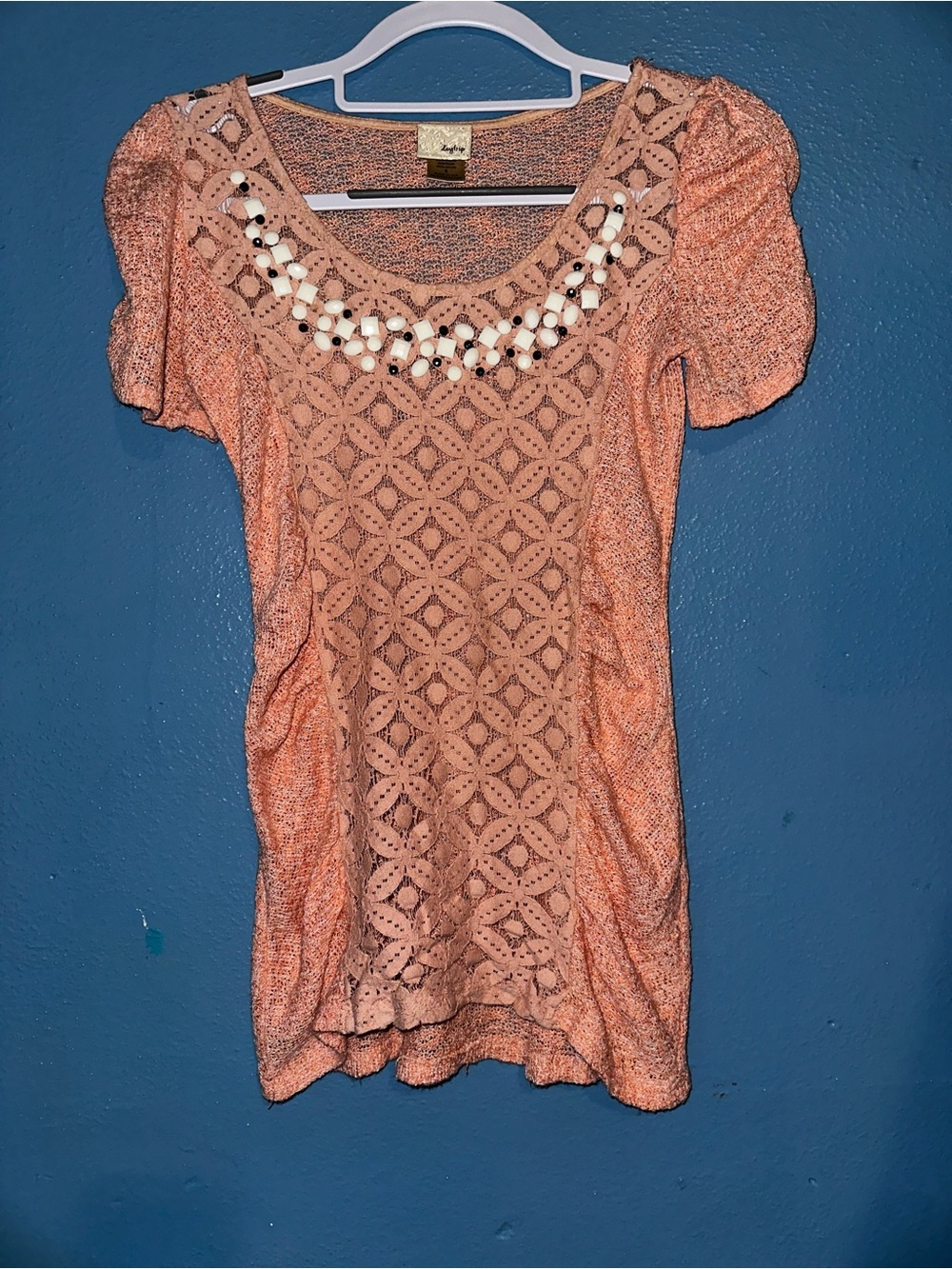 Embellished Crochet Scoop Neck Women’s Top - Peach